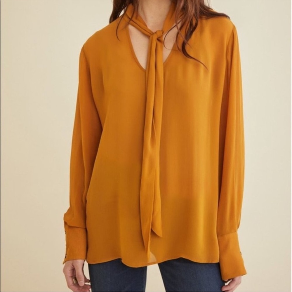 Amour Vert Ena Cupro Tie Neck Long Sleeve Relaxed Blouse in Gold Sz XL
